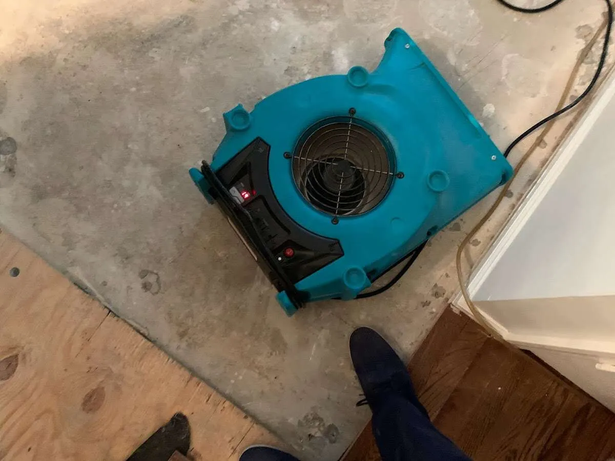 Air mover drying subfloor during Leak Detection & Repair in Linganore